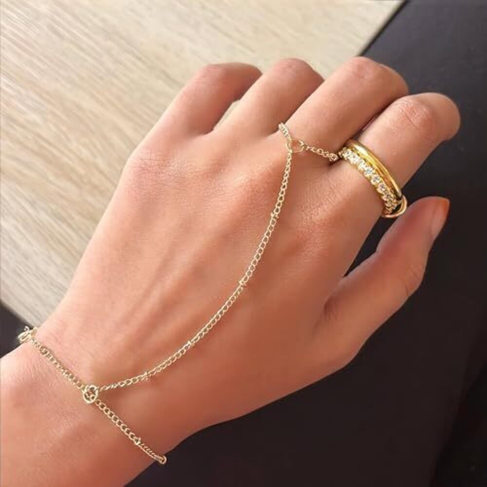 3Pcs 14K Gold-Plated Hand Chain Bracelets For Women, Stack Bracelets Set - Picture 2 of 5
